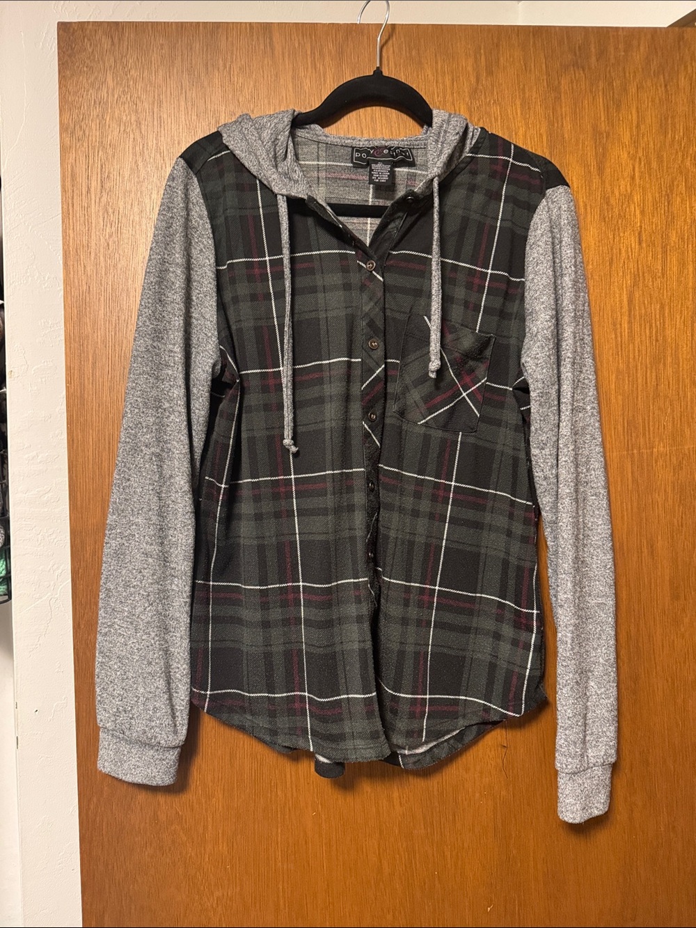 Polly & Esther Gray Hooded Plaid Button-Down Shirt
